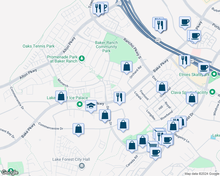 map of restaurants, bars, coffee shops, grocery stores, and more near 16 Agave in Lake Forest