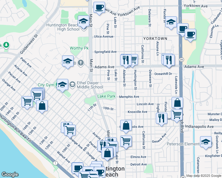map of restaurants, bars, coffee shops, grocery stores, and more near 1025 12th Street in Huntington Beach
