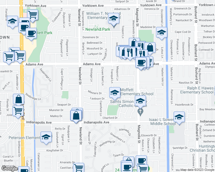 map of restaurants, bars, coffee shops, grocery stores, and more near 8721 Squires Circle in Huntington Beach
