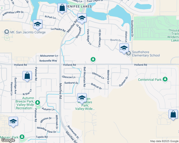 map of restaurants, bars, coffee shops, grocery stores, and more near 29061 Glencoe Lane in Menifee