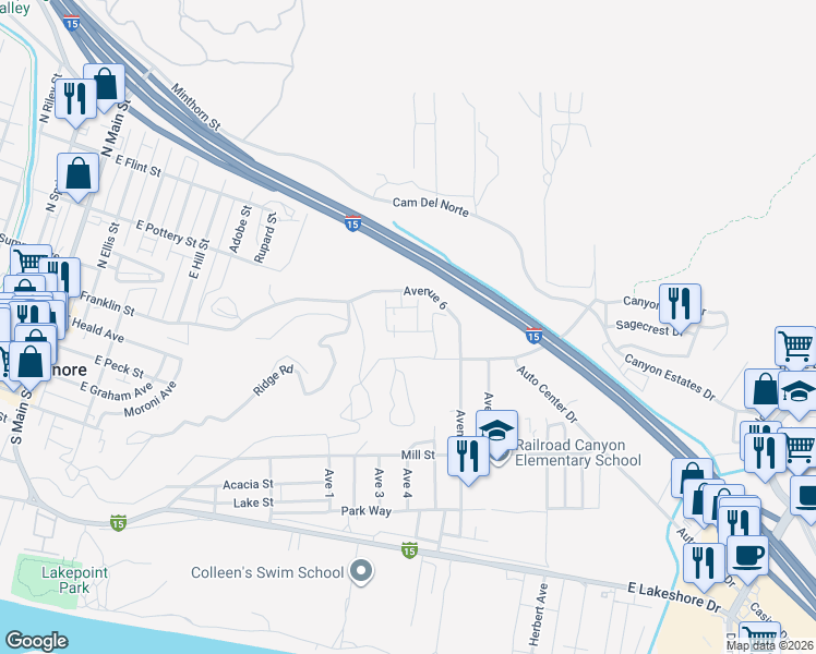 map of restaurants, bars, coffee shops, grocery stores, and more near Bancroft Way in Lake Elsinore