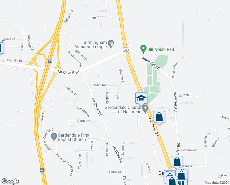 map of restaurants, bars, coffee shops, grocery stores, and more near 1928 Poplar Drive in Gardendale