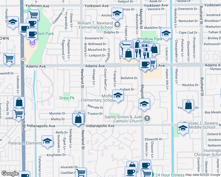 map of restaurants, bars, coffee shops, grocery stores, and more near 8721 Squires Circle in Huntington Beach