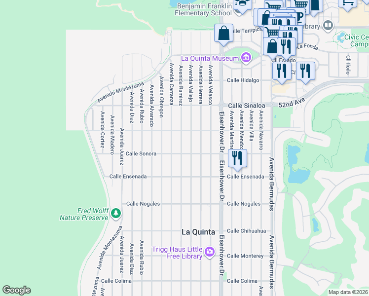 map of restaurants, bars, coffee shops, grocery stores, and more near 52260 Avenue Ramirez in La Quinta