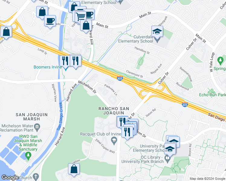 map of restaurants, bars, coffee shops, grocery stores, and more near 3727 Parkview Lane in Irvine
