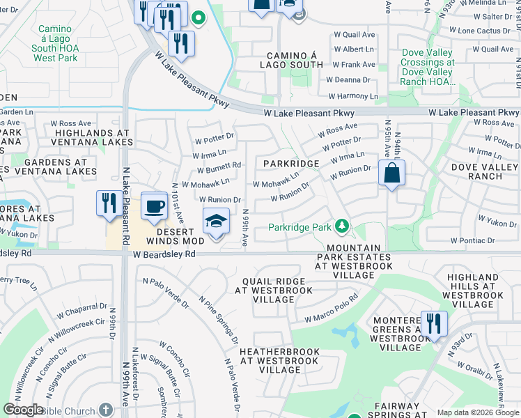 map of restaurants, bars, coffee shops, grocery stores, and more near 9853 West Tonopah Drive in Peoria
