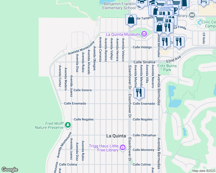 map of restaurants, bars, coffee shops, grocery stores, and more near 52170 Avenue Ramirez in La Quinta