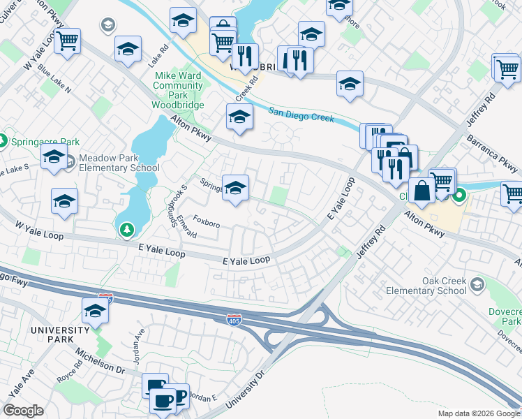 map of restaurants, bars, coffee shops, grocery stores, and more near 563 Springbrook North in Irvine