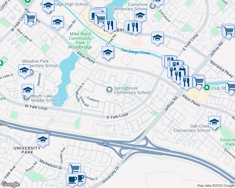 map of restaurants, bars, coffee shops, grocery stores, and more near in Irvine