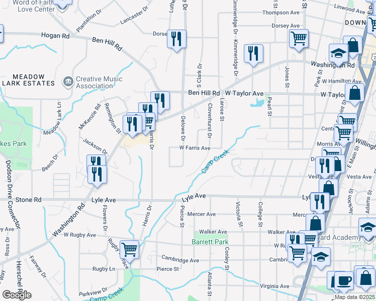 map of restaurants, bars, coffee shops, grocery stores, and more near 3176 Delowe Drive in East Point