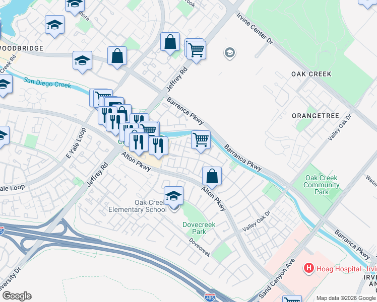 map of restaurants, bars, coffee shops, grocery stores, and more near 7 Silvermaple in Irvine