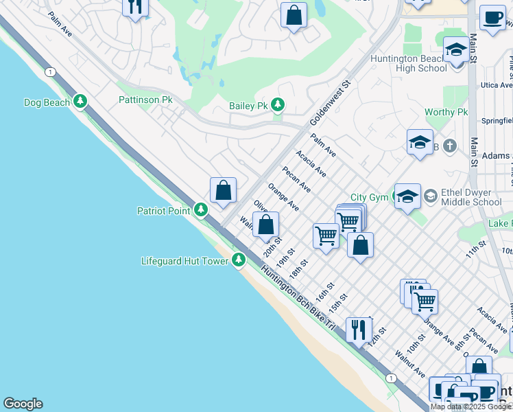 map of restaurants, bars, coffee shops, grocery stores, and more near 211 22nd Street in Huntington Beach