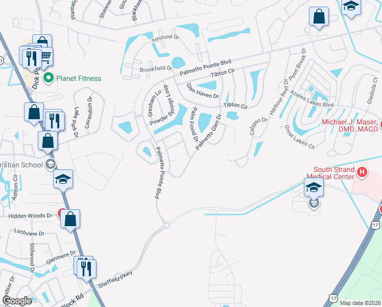 map of restaurants, bars, coffee shops, grocery stores, and more near 293 Palmetto Glen Drive in Myrtle Beach