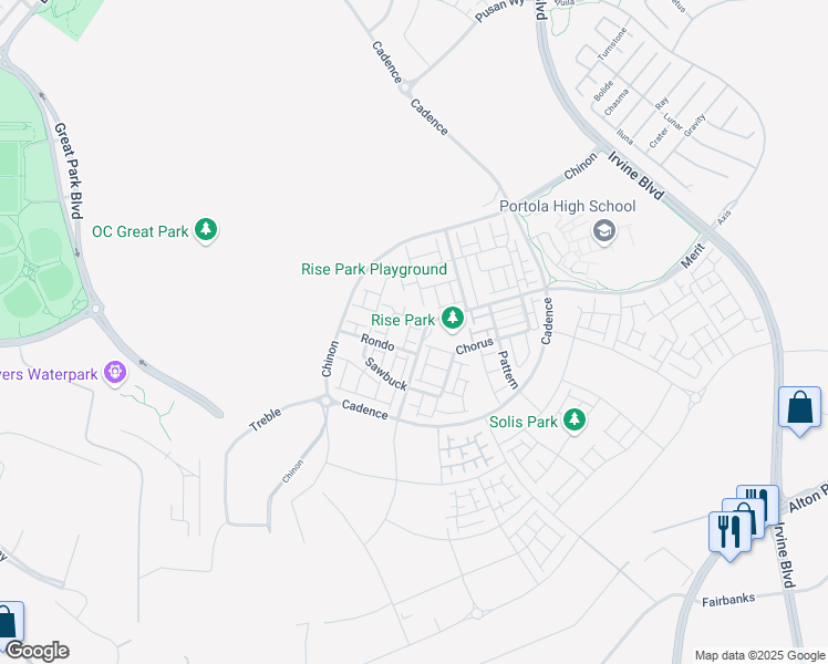 map of restaurants, bars, coffee shops, grocery stores, and more near 114 Shear in Irvine