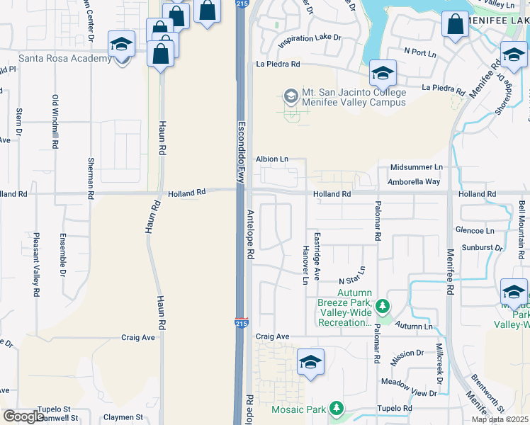map of restaurants, bars, coffee shops, grocery stores, and more near 31070 Larchwood Street in Menifee