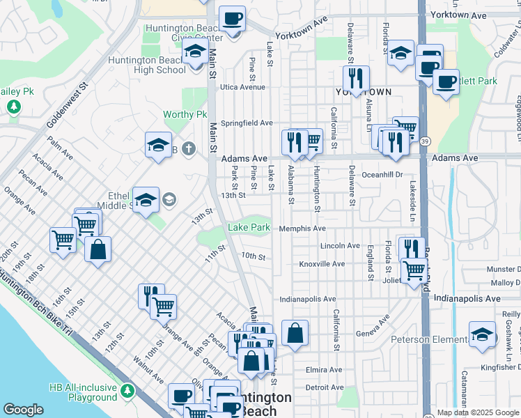 map of restaurants, bars, coffee shops, grocery stores, and more near 1025 12th Street in Huntington Beach