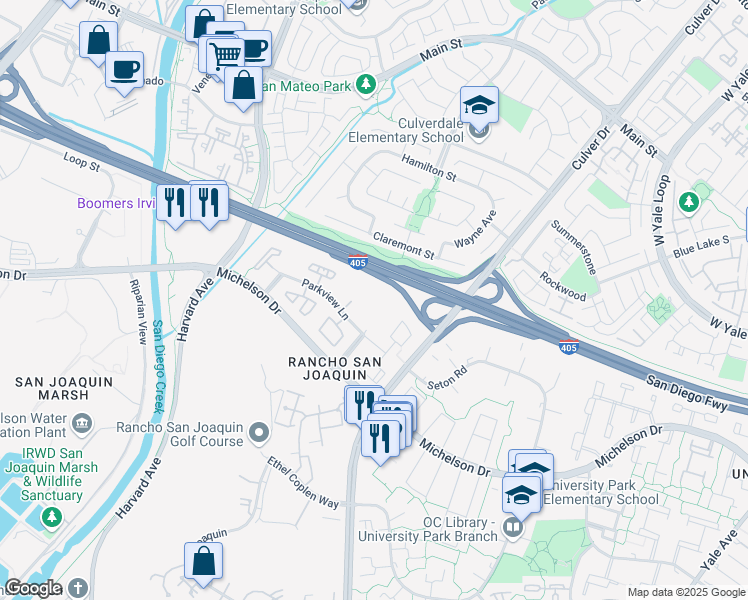 map of restaurants, bars, coffee shops, grocery stores, and more near 3801 Parkview Lane in Irvine