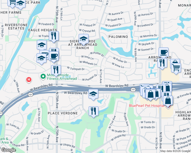 map of restaurants, bars, coffee shops, grocery stores, and more near 20211 North 71st Lane in Glendale