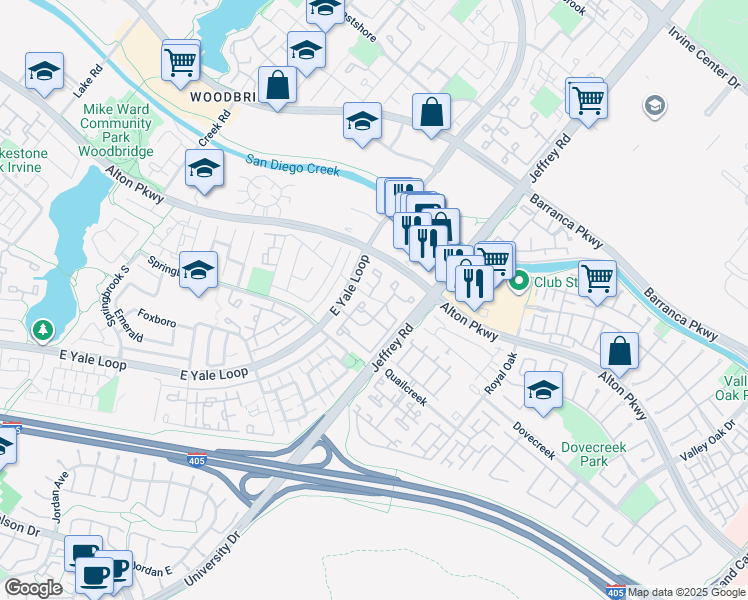 map of restaurants, bars, coffee shops, grocery stores, and more near 2485 McCabe Way in Irvine