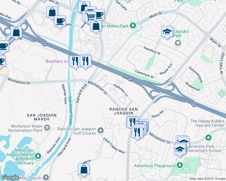 map of restaurants, bars, coffee shops, grocery stores, and more near 3603 Michelson Drive in Irvine
