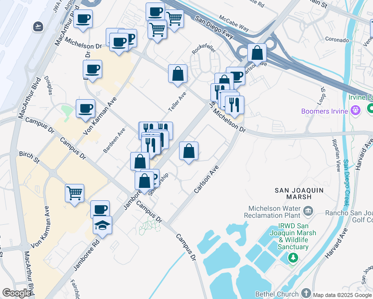 map of restaurants, bars, coffee shops, grocery stores, and more near 25 Palatine in Irvine