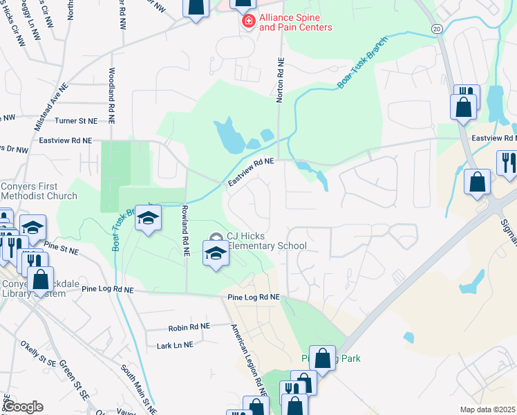 map of restaurants, bars, coffee shops, grocery stores, and more near 1001 Woodbridge Way Northeast in Conyers