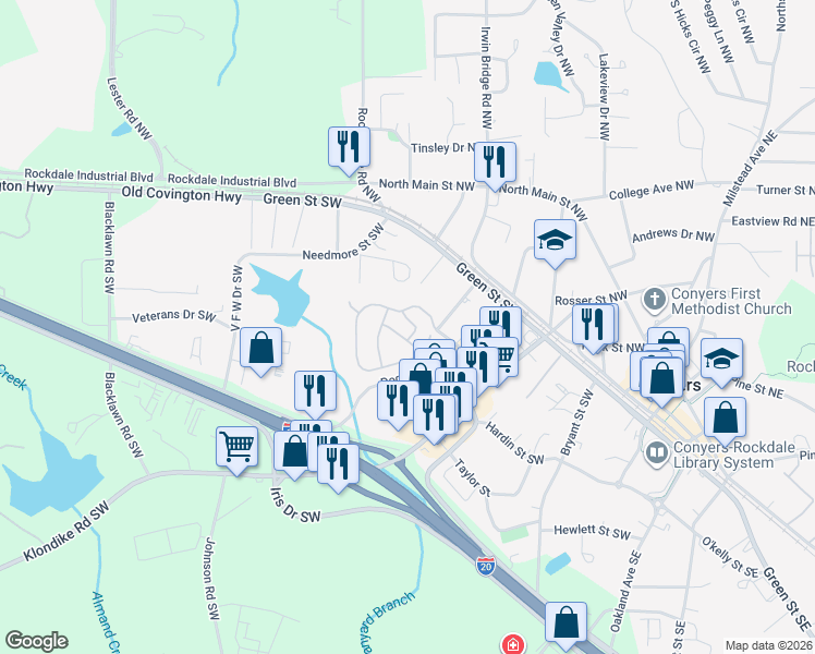 map of restaurants, bars, coffee shops, grocery stores, and more near 2318 Haflinger Circle in Conyers
