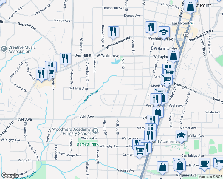 map of restaurants, bars, coffee shops, grocery stores, and more near 1919 Dunlap Avenue in East Point