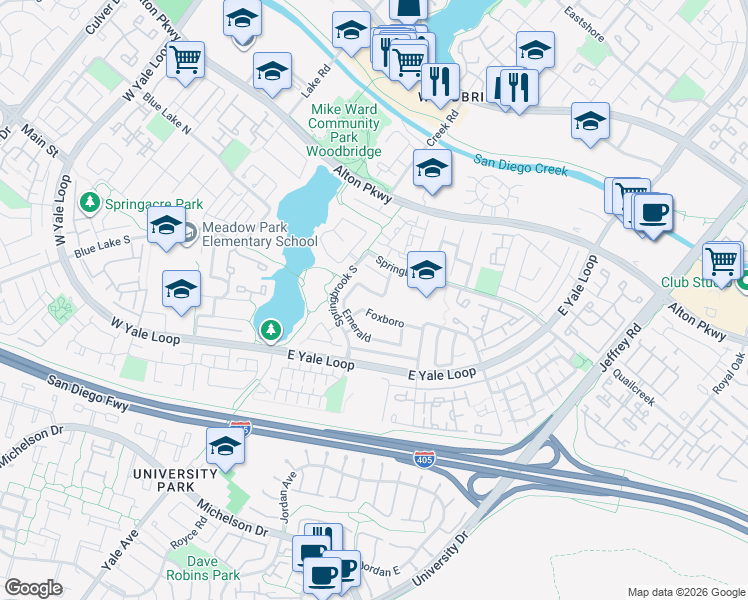 map of restaurants, bars, coffee shops, grocery stores, and more near 6 Woodflower in Irvine