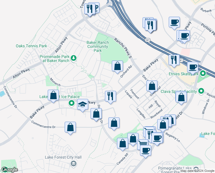 map of restaurants, bars, coffee shops, grocery stores, and more near 31 Agave in Lake Forest