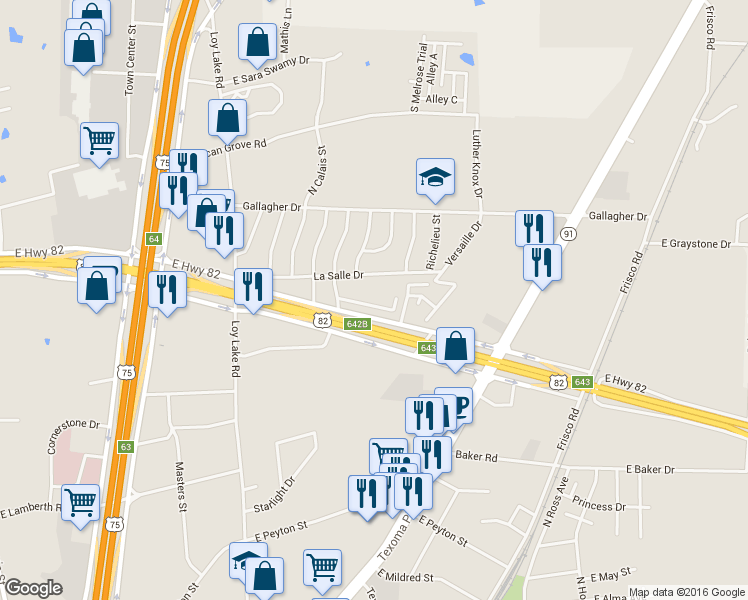 map of restaurants, bars, coffee shops, grocery stores, and more near 3013 Northridge Drive in Sherman