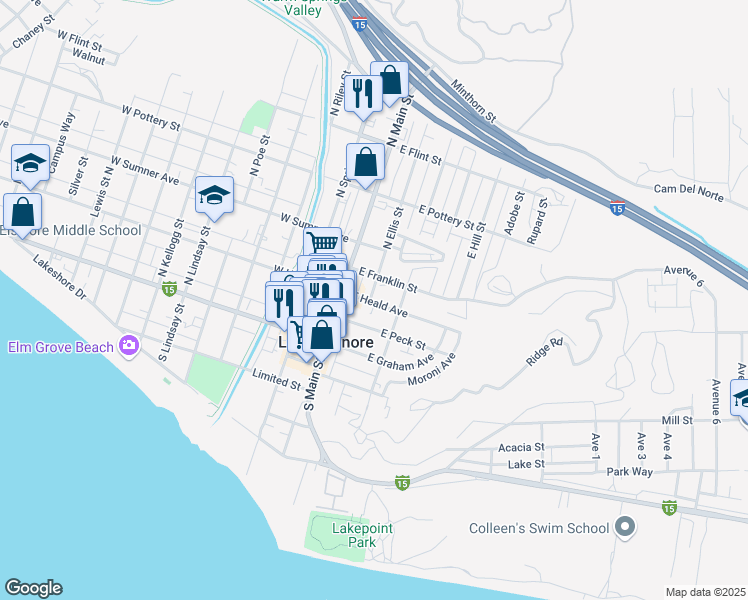 map of restaurants, bars, coffee shops, grocery stores, and more near 202 North Ellis Street in Lake Elsinore