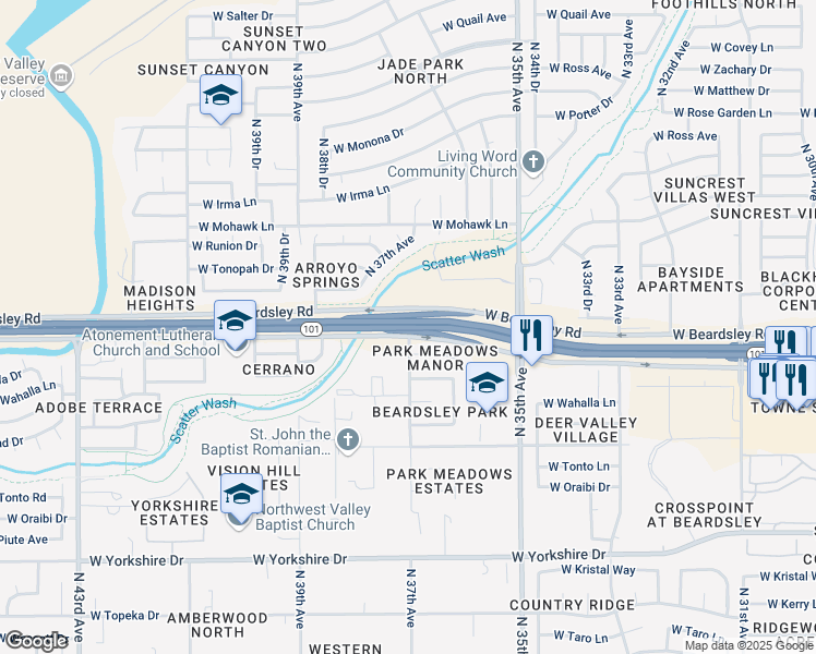 map of restaurants, bars, coffee shops, grocery stores, and more near 3401 Agua Fria Freeway in Glendale