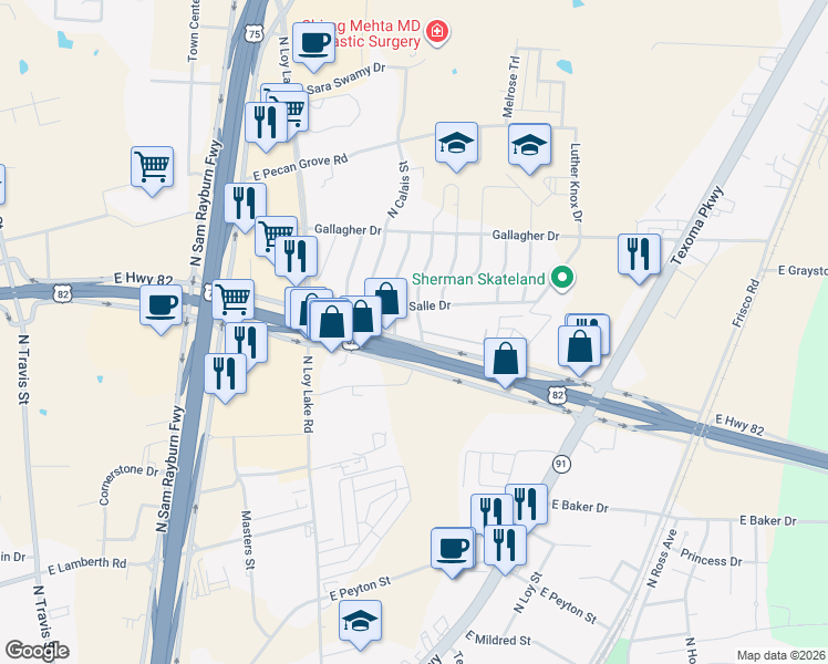 map of restaurants, bars, coffee shops, grocery stores, and more near 3006 Northridge Drive in Sherman