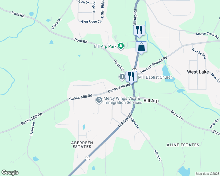 map of restaurants, bars, coffee shops, grocery stores, and more near 7152 Banks Mill Road in Douglasville