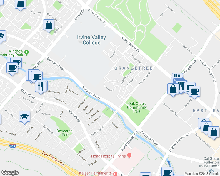 map of restaurants, bars, coffee shops, grocery stores, and more near 7306 Apricot Drive in Irvine