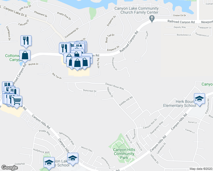 map of restaurants, bars, coffee shops, grocery stores, and more near 35571 Desert Rose Way in Lake Elsinore
