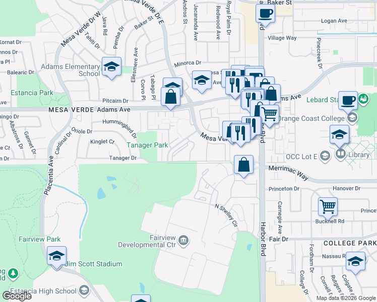 map of restaurants, bars, coffee shops, grocery stores, and more near 1555 Mesa Verde Drive East in Costa Mesa