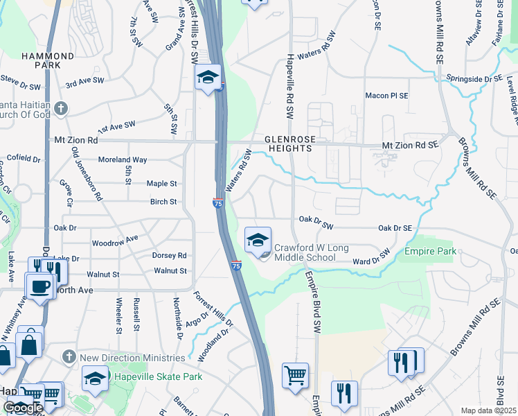 map of restaurants, bars, coffee shops, grocery stores, and more near 11 Oak Drive Southwest in Atlanta