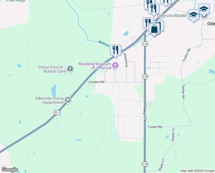 map of restaurants, bars, coffee shops, grocery stores, and more near 301 Crocker Road in Odenville