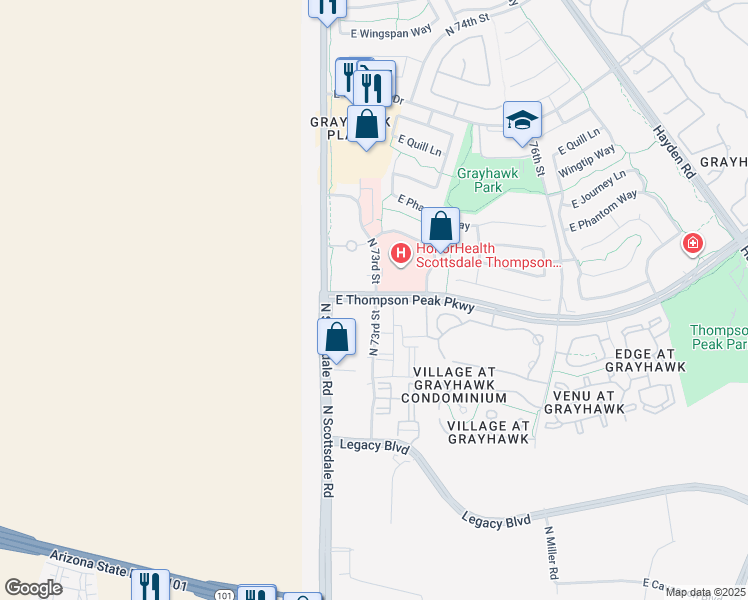 map of restaurants, bars, coffee shops, grocery stores, and more near 7299 East Thompson Peak Parkway in Scottsdale