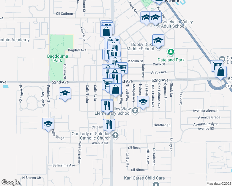 map of restaurants, bars, coffee shops, grocery stores, and more near 52226 Cesar Chavez Street in Coachella