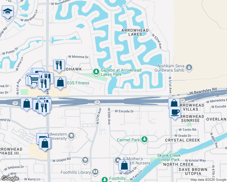 map of restaurants, bars, coffee shops, grocery stores, and more near 5426 West Pontiac Drive in Glendale