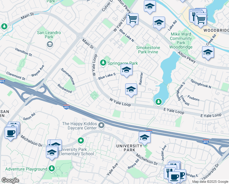 map of restaurants, bars, coffee shops, grocery stores, and more near 18 Goldstone in Irvine