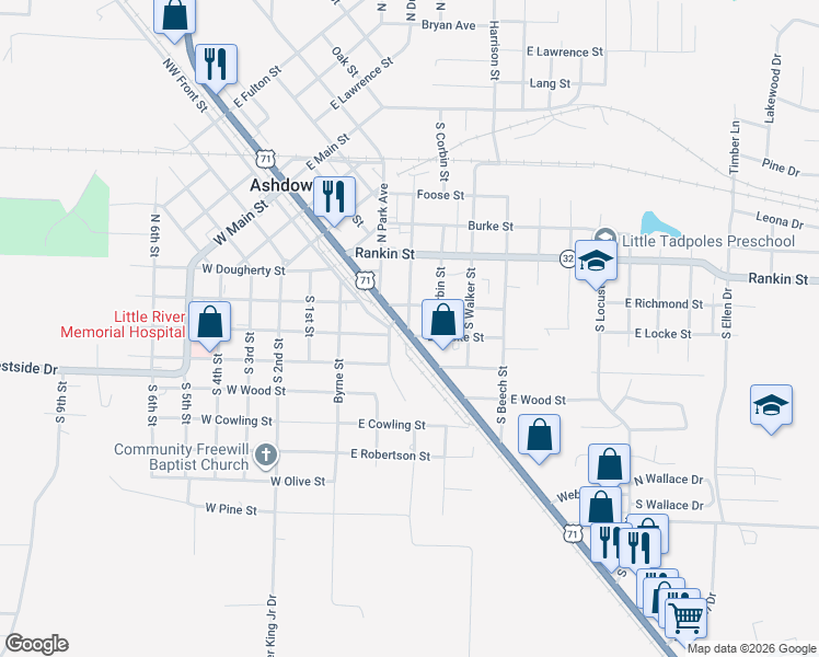 map of restaurants, bars, coffee shops, grocery stores, and more near 290 S Dupree St in Ashdown