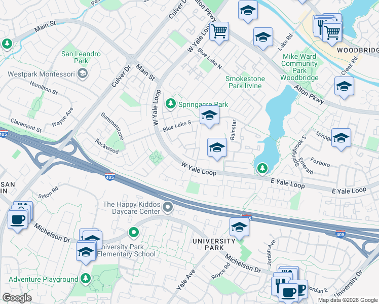 map of restaurants, bars, coffee shops, grocery stores, and more near 7 Thicket in Irvine