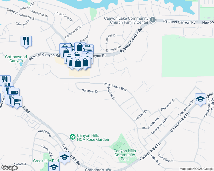 map of restaurants, bars, coffee shops, grocery stores, and more near 35571 Desert Rose Way in Lake Elsinore