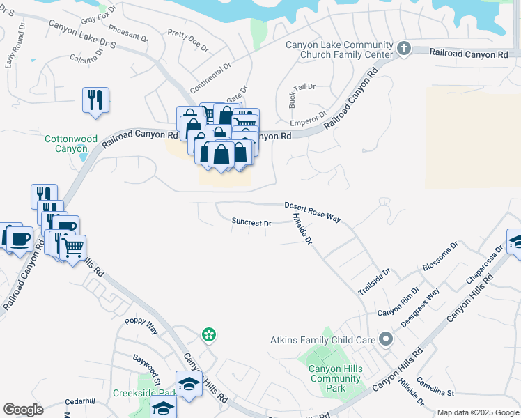 map of restaurants, bars, coffee shops, grocery stores, and more near 35488 Suncrest Drive in Lake Elsinore