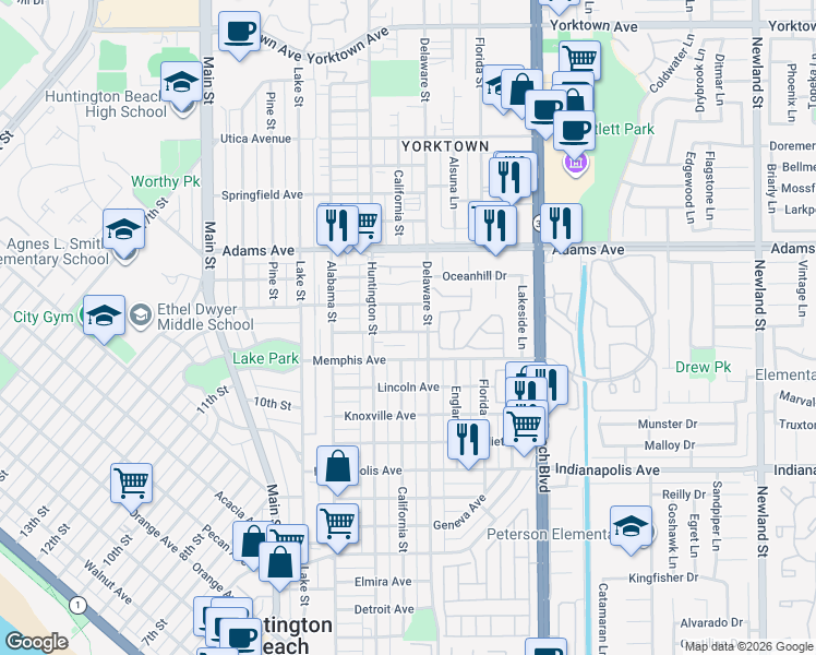 map of restaurants, bars, coffee shops, grocery stores, and more near 1404 California Street in Huntington Beach