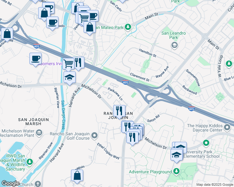 map of restaurants, bars, coffee shops, grocery stores, and more near Parkview Lane in Irvine